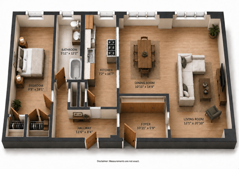 Floor plan for 1 bed, 1 bath, 988 sqft